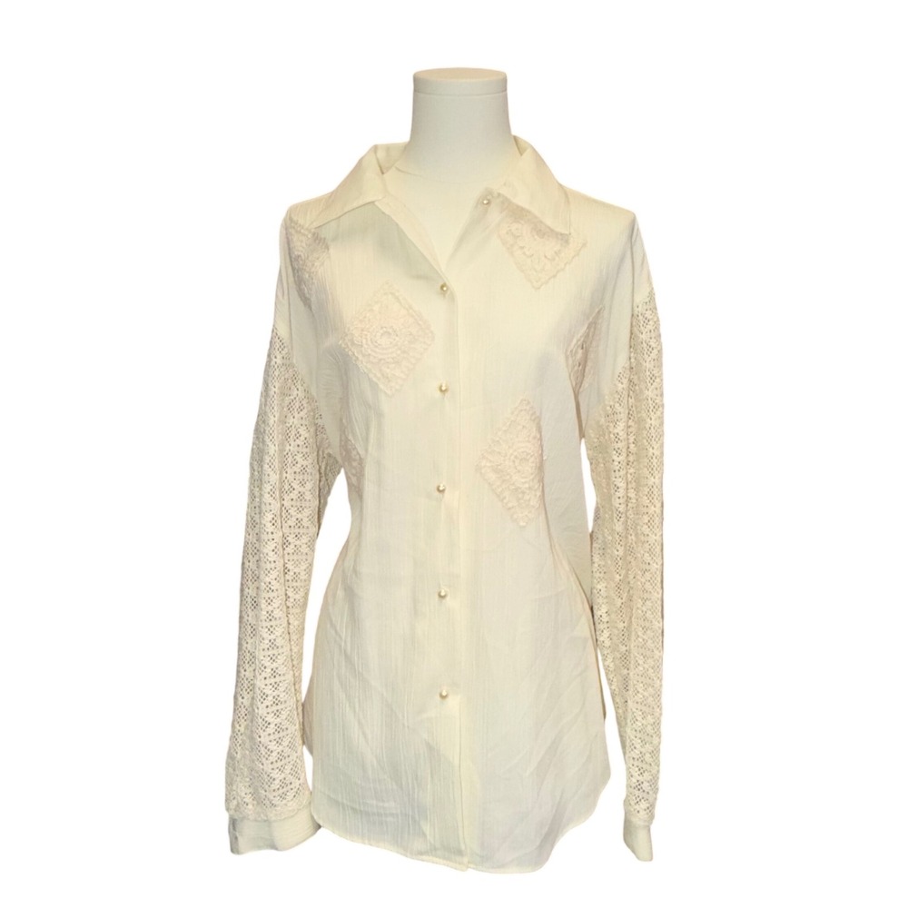 Vintage 70s Fritzi California Crochet Open Knit Lace Blouse Pearl Cream L⁠
